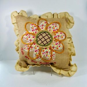 Burlap Jute & Patchwork “You Are My Sunshine “ Ruffled Pillow 16”/16”Vintage